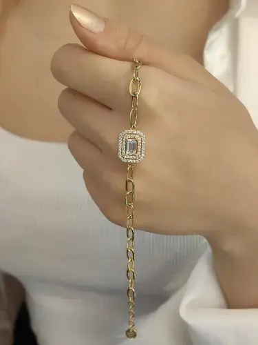 İNCİR KIRINTI TAŞLI BAGET 14 AYAR TARZ ALTIN BİLEKLİK - Görsel 2