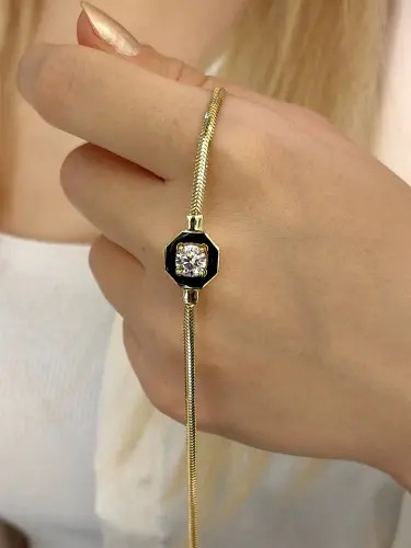 SİYAH MİNELİ SWAROVSKİ TAŞLI BALIK SIRTI ZİNCİRLİ ÇAĞLA 14 AYAR TARZ ALTIN BİLEKLİK SET00098 - Görsel 2