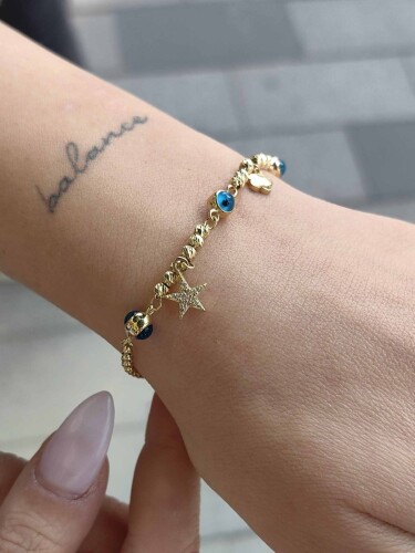 8 AYAR NAZAR BONCUKLU FİGÜR DETAYLI ALTIN BİLEKLİK - Görsel 2