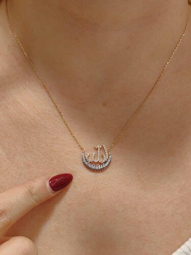 TAŞLI ALLAH LAFZI MODEL ALTIN KOLYE 14 AYAR - Görsel 2