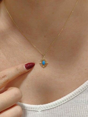 14 AYAR FİRUZE TAŞLI TARZ ALTIN KOLYE - Görsel 2