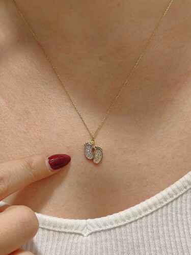 14 AYAR ÇİFT RENK AYAK İZİ MODEL TARZ ALTIN KOLYE KL01233 - Görsel 2