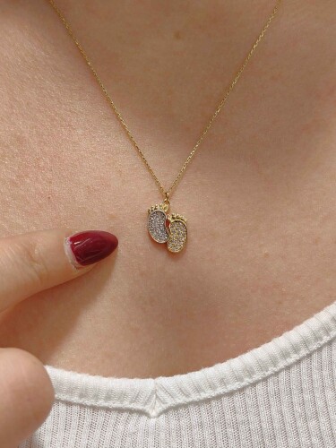 14 AYAR ÇİFT RENK AYAK İZİ MODEL TARZ ALTIN KOLYE KL01233 - Görsel 3