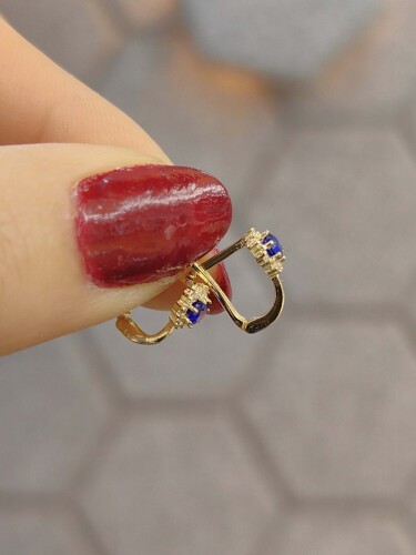 14 AYAR LACİVERT TAŞLI ÖZEL TASARIM ALTIN BEBEK KÜPE - Görsel 3