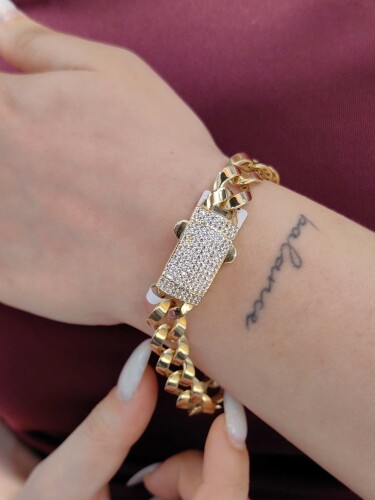 SERAMİK FİZYON TOKA KİLİTLİ 14 AYAR TAŞLI MODEL GURMET ZİNCİR ALTIN BİLEKLİK - Görsel 2