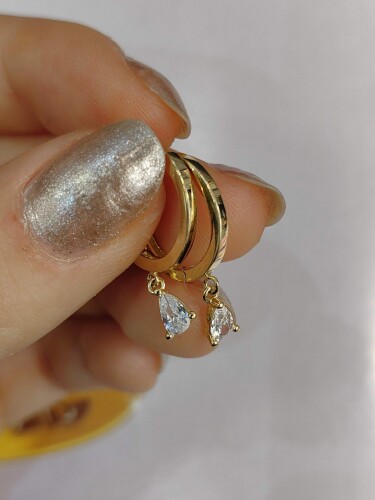 14 AYAR TEK TAŞLI SALLANTILI SHAKİRA ALTIN KÜPE - Görsel 3