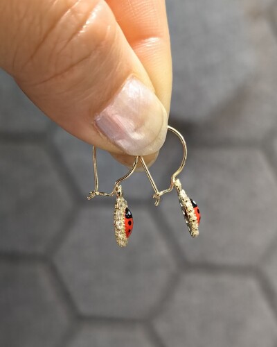 14 AYAR TAÇLI UĞUR BÖCEĞİ MENGEÇLİ ALTIN KÜPE - Görsel 2