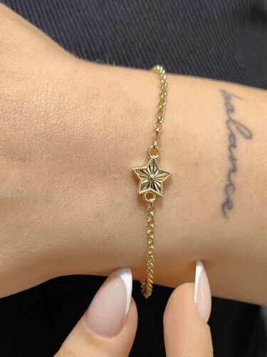 DOÇ ZİNCİRLİ KALEMLİ YILDIZ FİGÜRLÜ 14 AYAR ALTIN TARZ BİLEKLİK - Görsel 2