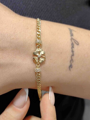 GURMET ZİNCİRLİ YONCA FİGÜRLÜ 14 AYAR ALTIN TARZ BİLEKLİK - Görsel 2