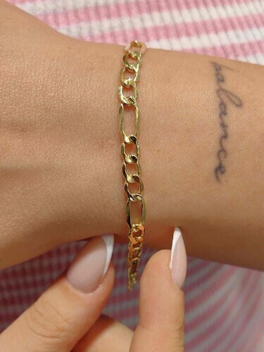 FİGARO ÖRME PARLAK CİLALI 14 AYAR ALTIN ZİNCİR BİLEKLİK - Görsel 2