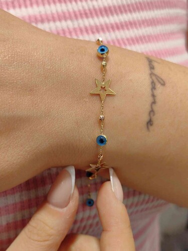 YILDIZ FİGÜRLÜ NAZAR BONCUKLU FORSE ZİNCİRLİ DORİKA TOPLU 14 AYAR ALTIN TARZ BİLEKLİK - Görsel 2