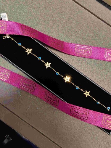 YILDIZ FİGÜRLÜ NAZAR BONCUKLU FORSE ZİNCİRLİ DORİKA TOPLU 14 AYAR ALTIN TARZ BİLEKLİK - Görsel 3