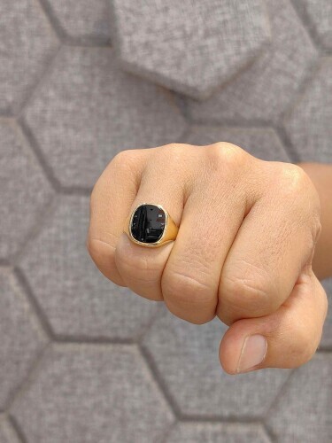 OVAL TASARIM SİYAH TAŞLI 14 AYAR ALTIN ERKEK YÜZÜK - Görsel 3