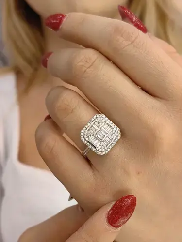 14 AYAR ÖZEL TASARIM BEYAZ ALTIN BAGET YÜZÜK - Görsel 3